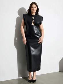 Aveloria Modichic Elegant Sexy Solid Color Hollow Metal Buckle Decor Waist Exaggerated Shoulder Plus Size Women Long Dress - Black - View 4