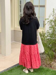 DAZY Tween Girl Floral & Letter Print Round Neck Short Sleeve Ruffle Hem Casual Dress - Black - View 7