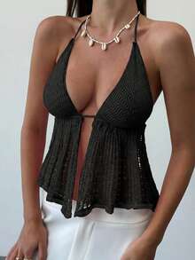 Aloruh Áo len móc cổ yếm buộc dây mùa hè cho nữ, màu hồng. - màu đen - Xem 1