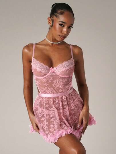 SHEIN BAE 2pcs/Set Romantic Lace 3D Floral Print Nightgown Babydoll Dress For Women For Going Out