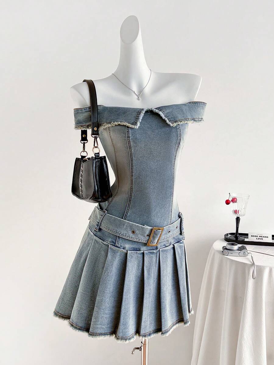 Elamini 女士休闲时尚街头风毛边翻领露肩荷叶边下摆系带牛仔连衣裙，夏季 - 藍色 - 查看 1