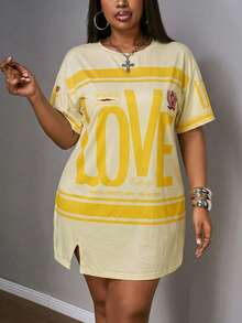 Slaydiva Vestido de manga corta con abertura lateral, hombros caídos y color rosa para vacaciones de principios de primavera en tallas grandes - Amarillo - Ver 3