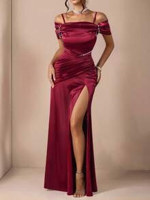 Rafferiza 女士修身性感红色连衣裙，修身廓形，适合新年假期 - 酒紅色 - 查看 6