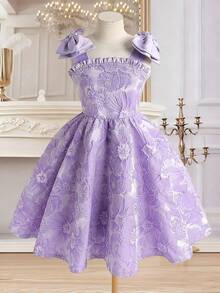 SHEIN 少女优雅撞色蝴蝶结装饰连衣裙 - 淡紫色 - 查看 6