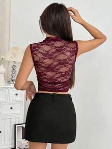 SHEIN EZwear Áo kiểu nữ phối ren cổ đứng, gợi cảm, đa năng, phù hợp cho hẹn hò và đi chơi. - Màu Đỏ Sâu - Xem 2