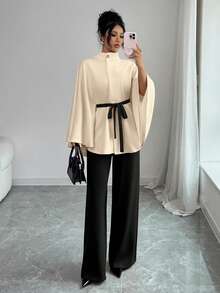 Elenzga Women's Knitted Elegant Vacation Commuting Autumn Two Pieces Set - Apricot - View 4