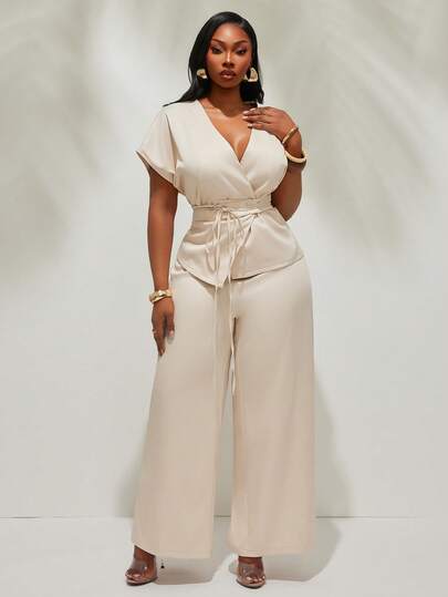 Radiana Plus Size Women's Casual Minimalist Elegant Commuter Sleeveless Top With Belt And Wide Leg Pants 2-Piece Set, Spring/Summer