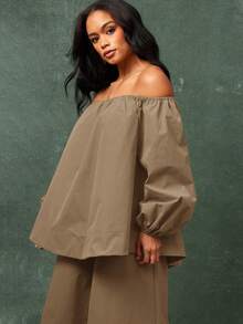 Vixey Elasticized Off Shoulder Long Sleeve Oversized Top - Coffee Brown - View 4