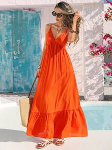 Vivid Eden Đầm hai dây màu trơn xếp ly viền ren cho nữ mùa hè, kiểu dáng nghỉ mát, màu cam, thiết kế hở lưng, đầm boho đơn giản màu trơn thắt nơ sau lưng cho nữ, đầm dài dáng chữ A cổ chữ V xếp ly hở lưng lãng mạn màu cam cho kỳ nghỉ hè ở Hawaii, trang phục Valentine cho nữ, trang phục nghỉ hè, đầm đi biển cho nữ, đầm Zanzea, đầm mùa hè, đầm buộc dây sau lưng, đầm maxi màu cam, đầm quấn cho nữ, đầm nữ, đầm Zanzea cho nữ, đầm Wow - trái cam - Xem 4