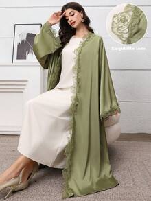 Al Najma Elegant Embroidered Floral Trim Abaya Robe - Green - View 6