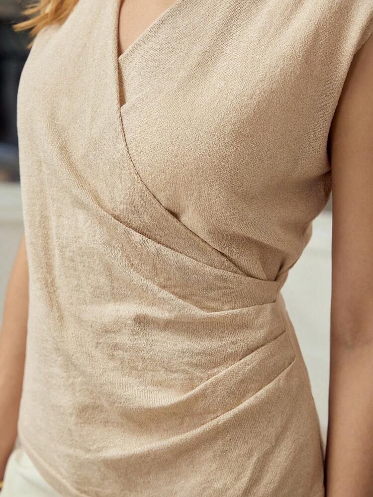 WOMEN'S OVERLAP COLLAR FOLD PLEATED KNIT TOP