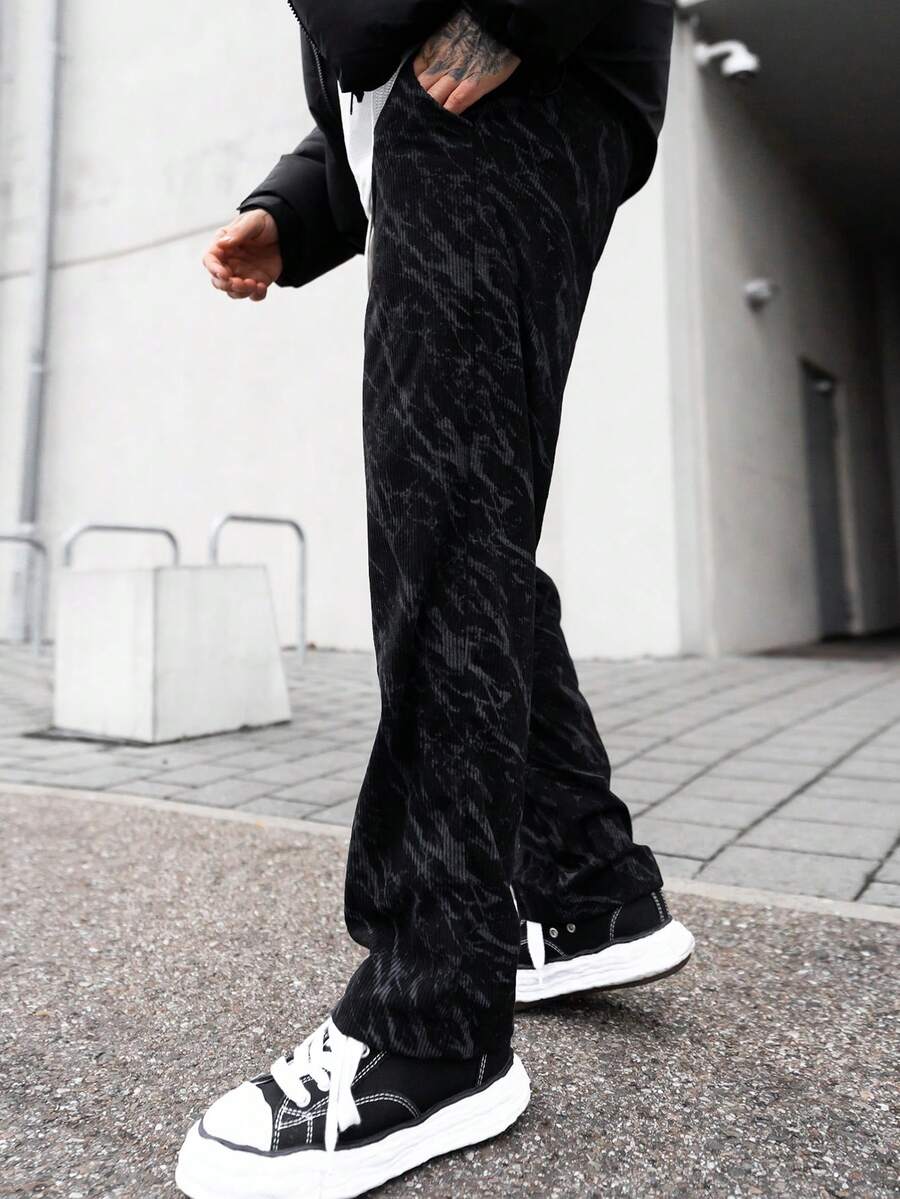 Artur Kramer Men's Corduroy Camouflage Drawstring Casual Straight Leg Pants, Versatile For Spring & Summer, For Fall Winter - Black - View 1