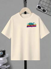 SHEIN Streecool Kids 男童休闲时尚创意个性清新高端简约数字67卡通积木闪电标语印花宽松基础款短袖T恤，舒适日常穿着，适合春、夏、秋季穿着。 - 米色 - 查看 2
