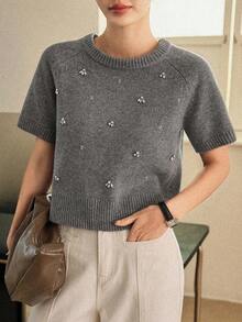 Dazy-Less Women's Casual Rhinestone Embellished Sweater, Suitable For Spring, Summer, Valentine's Day, Office Wear, Grey - Grey - View 9