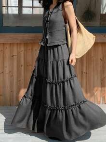 FRIFUL Conjunto de 2 piezas de mujer con cárdigan con lazo y tirantes, y falda con cintura elástica y volantes en el bajo, estilo natural - Gris - Ver 9