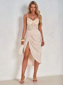 SHEIN Glamour Women's Sleeveless Bodysuit With Spaghetti Straps And Fishbone Seam, Fitted And Fashionable - Light Yellow - View 4