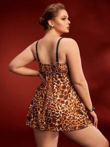 EmpressEnvy Đầm lót gợi cảm cỡ lớn với họa tiết ren phối, họa tiết da báo, cổ khoét sâu, thiết kế thắt eo, chi tiết lưới. - Màu nâu Sô-cô-la - Xem 2