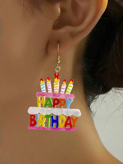 Zazumi Bông tai chủ đề sinh nhật - Bông tai chữ "Chúc mừng sinh nhật" bằng acrylic, trang sức dễ thương và quà tặng dành cho phái nữ.