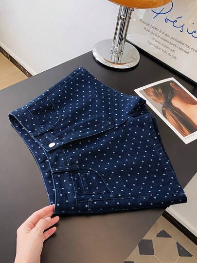 GlowEve Women's Casual Polka Dot Print Denim Shorts, Suitable For Daily Commute And Vacation, Summer