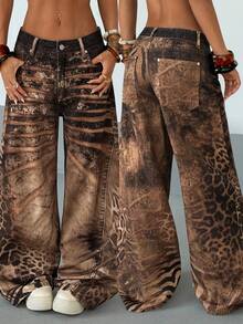 StreetHx 女士撞色豹纹斜插口袋时尚阔腿牛仔裤 - 彩色 - 查看 1