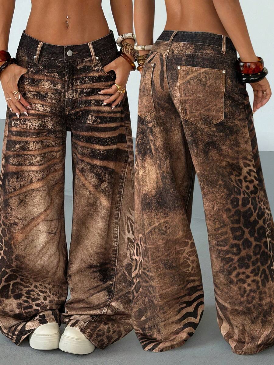 StreetHx 女士撞色豹纹斜插口袋时尚阔腿牛仔裤 - 彩色 - 查看 1