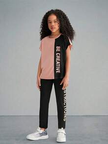 SHEIN Tween Girl Knitted Color Block Letter & Print Pattern Short Sleeve T-Shirt And Long Pants Sporty Outfit - Multicolor - View 8