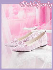 Dola Lovely 女鞋尖头粉色天鹅绒内里增高珍珠蝴蝶结轻薄单鞋洛丽塔服饰 - 粉色 - 查看 1