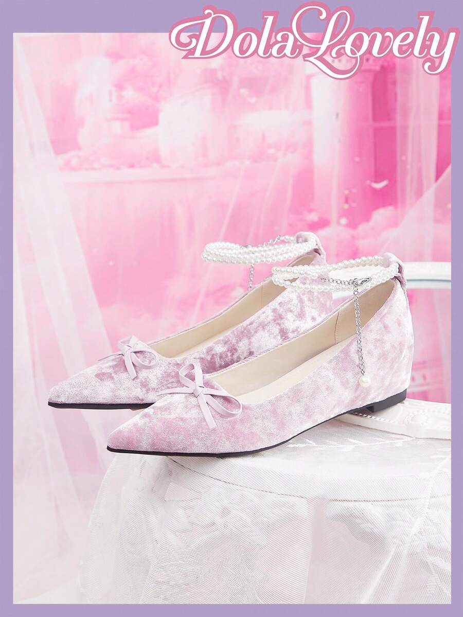 Dola Lovely 女鞋尖头粉色天鹅绒内里增高珍珠蝴蝶结轻薄单鞋洛丽塔服饰 - 粉色 - 查看 1