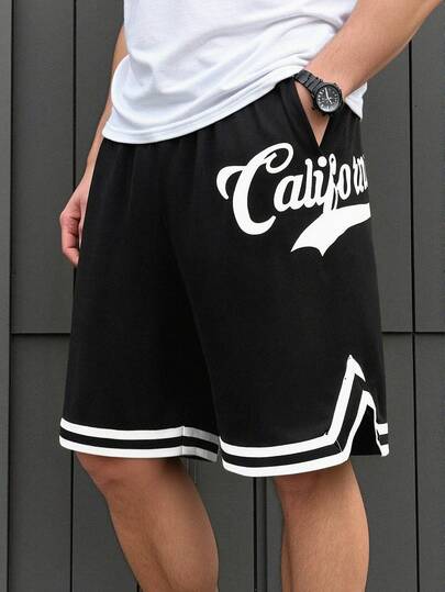 SHEIN 青少年男童字母印花撞色条纹运动短裤，适合篮球、足球、休闲、上学、旅行、户外运动、音乐节、假期、海滩度假、夏季休闲、节日庆典、春夏穿着