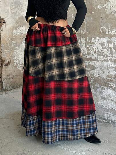 POPSWAY Plus Size Retro Streetwear Plaid Patchwork Mini Skirt, Fashionable And Versatile, Suitable For Summer And Autumn, A-Line Skirt
