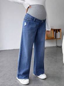SHEIN Maternity Casual Loose Straight Leg Jeans With Waistband Patchwork - Medium Wash - View 5