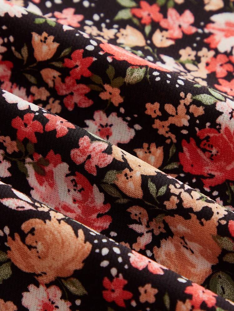 Ditsy Vintage Floral Print Maxi Dress With Black Lace Trim Around Bust And Neckline French Style Parisian Style Long Floral Dress Women Flower Dress Woman Motif Women Dresses French Dresses For Women Wrap Dress Women
