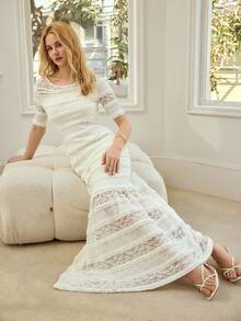 MOTF PREMIUM WOMEN'S HEAVY CONTRAST LACE HOLLOW-OUT SHORT SLEEVE DRESS - Apricot - View 6