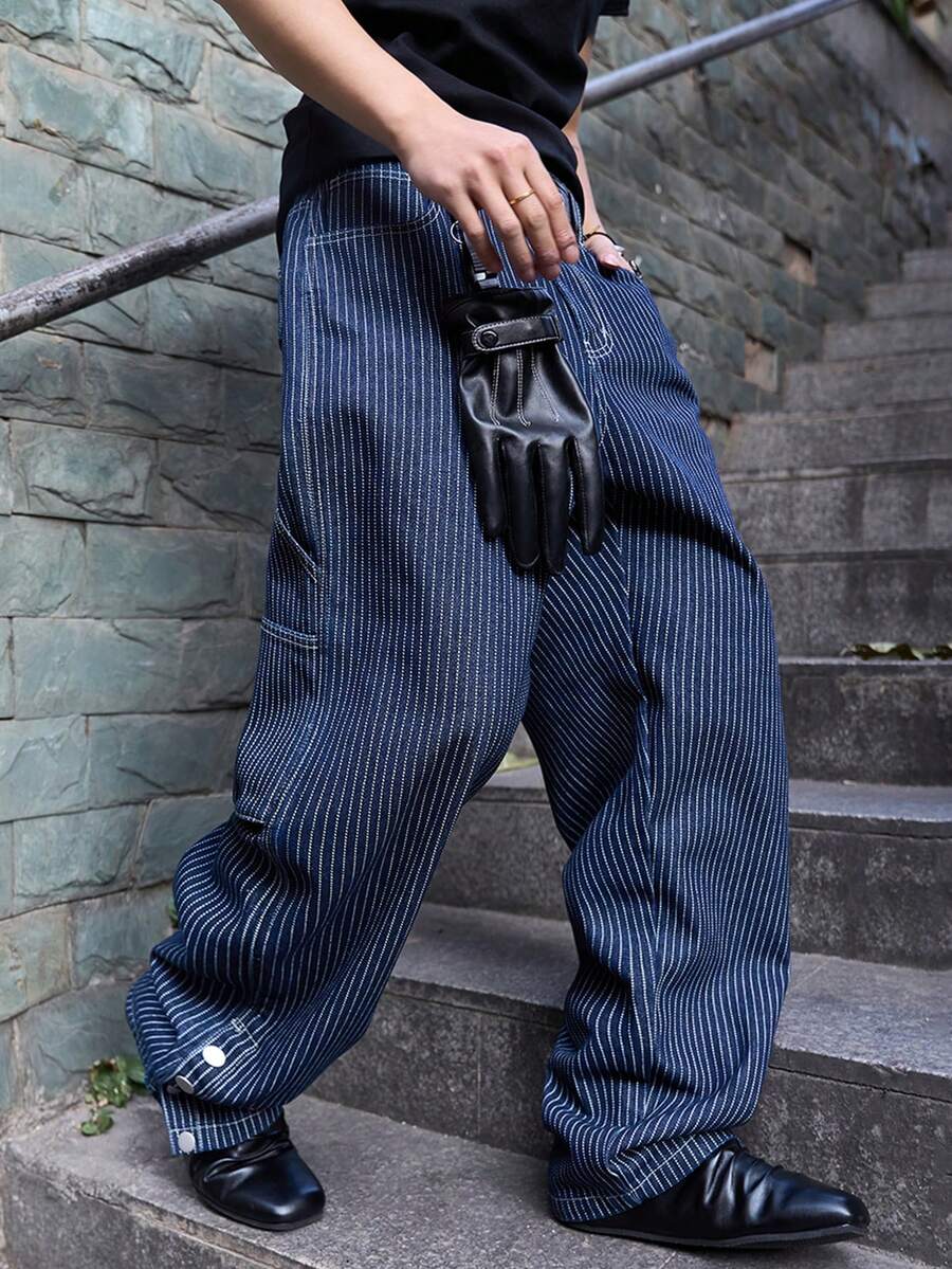 Manfinity EMRG Men's Casual Streetwear Multi-Pocket Striped Blue Denim Jeans - Dark Wash - View 1