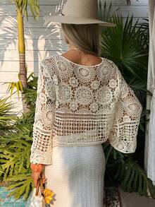 DAZY 女士钩针镂空波西米亚风罩衫，夏季度假必备 - 米色 - 查看 2