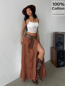 Siren Gaze 2025 波西米亚风女士沙滩裙 - 高开叉亚麻混纺多层长裙，松紧腰带和蕾丝花边，音乐节必备单品和度假单品 | 夏季 A 字裙，女士夏季单品，度假女士沙滩裙 - 咖啡棕 - 查看 6