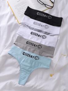 Lowkey Lull 5件套女士无痕丁字裤，简约字母设计运动内衣，塑身提臀 - 彩色 - 查看 4