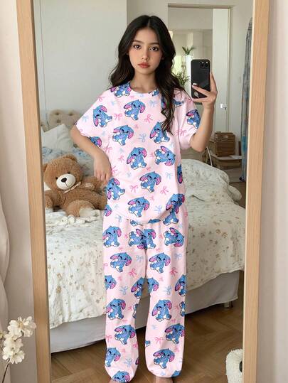 Pink & Blue Cute Cartoon Rabbit, Stitch Bow Pattern Tween Girls Casual Minimalist Crew Neck Short Sleeve Shorts Pajama Set, Suitable For Spring/Summer Daily, Home, Vacation, Homecoming, Back To School