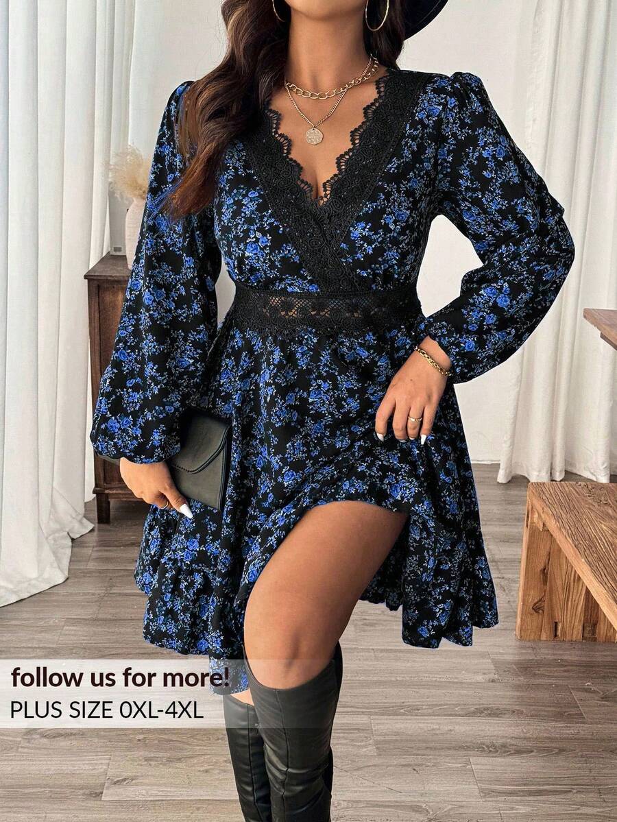 Lounesse Vestido casual plus size com renda floral contrastante, outono - Multicolorido - Ver 1