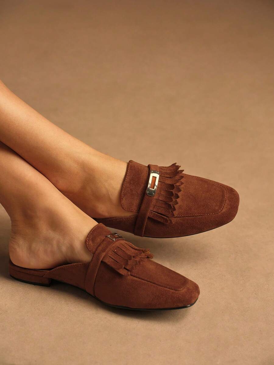 Rosivie Women Casual Versatile Commuting Minimalist Fringe Decor Slip-On Flats - Brown - View 1