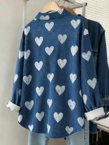 Resyla Áo sơ mi nữ cỡ lớn in hình trái tim theo phong cách denim cổ điển cho ngày Valentine - Nhiều màu - Xem 2