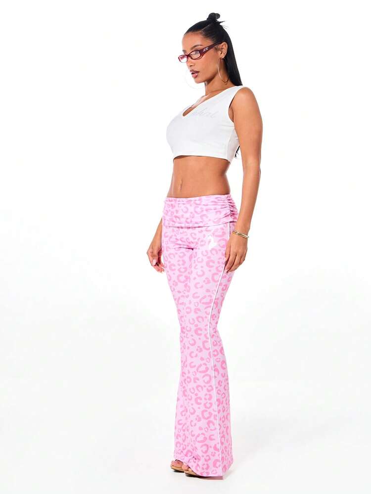 BABYPHAT Leggings de campana con estampado de leopardo rosa y cintura plegable para el Día de San Valentín