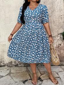 Breezaya 大码女式优雅印花V领短泡泡袖长款度假连衣裙，夏季女式长裙套装 - 藍色 - 查看 4