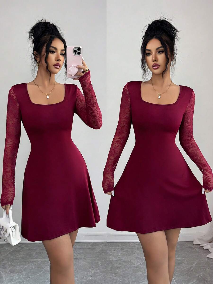 Rafferiza Fitted Short Dress, Square Collar, Stretchy Lace Long Sleeve - Burgundy - View 1