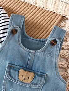 SHEIN Playful Pals 新生兒條紋長袖上衣與熊圖案牛仔連身褲套裝 秋季 - 彩色 - 查看 6