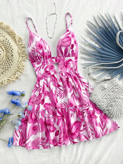 Soleia WYWH 女士度假连衣裙，紫红色蝴蝶结装饰 A 字裙，带荷叶边下摆，抹胸连衣裙