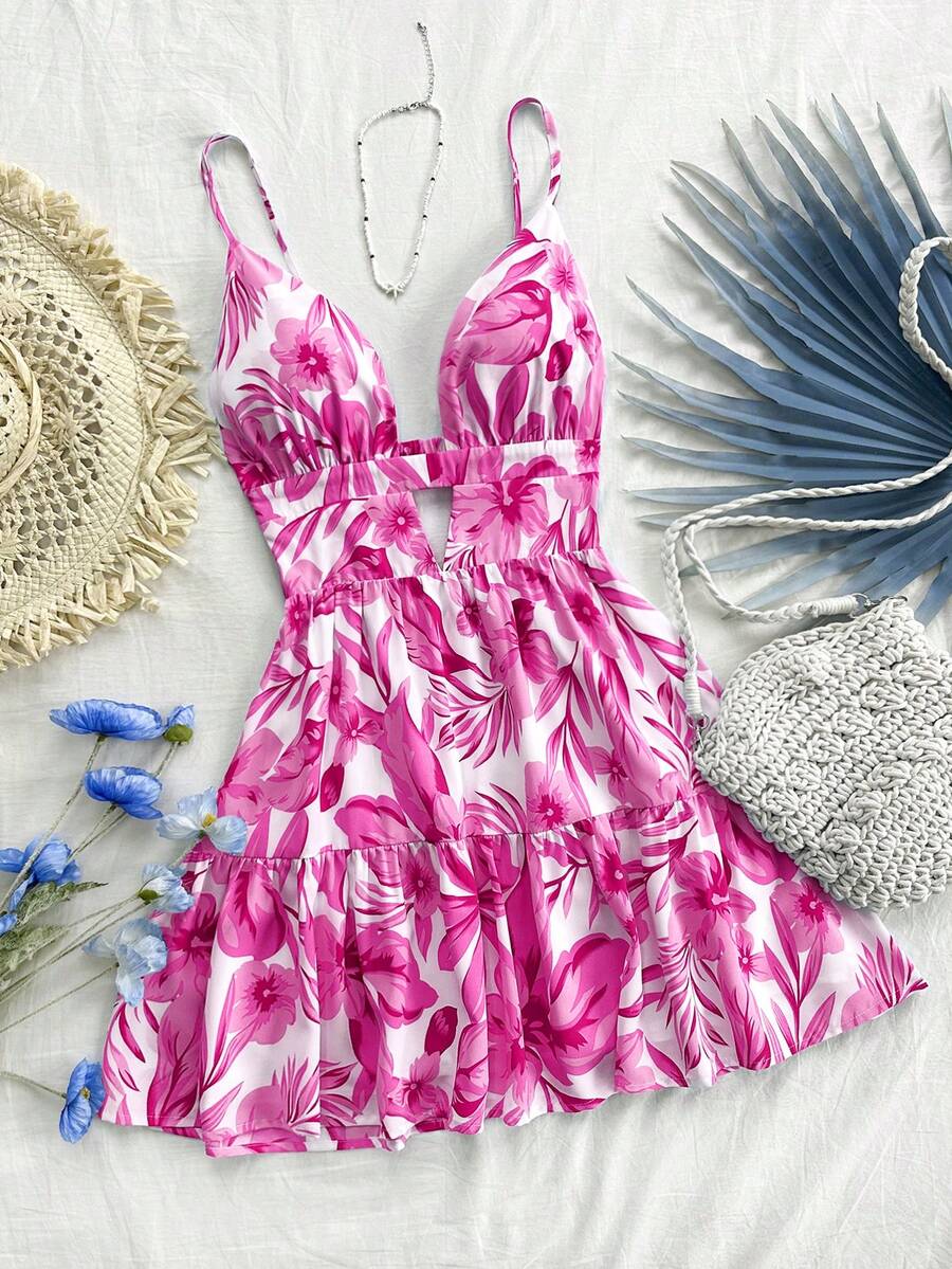 Soleia WYWH 女士度假连衣裙，紫红色蝴蝶结装饰 A 字裙，带荷叶边下摆，抹胸连衣裙 - 玫紅色 - 查看 1