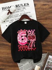 Áo thun ngắn màu đen cơ bản dành cho bé gái tuổi teen, phong cách thường ngày, sáng tạo, cá tính, tươi mới, thanh lịch, tối giản với nơ bóng, họa tiết hoa, số 67, kẻ caro bóng, ngôi sao, nơ và trái tim, thoải mái khi mặc hàng ngày, thích hợp cho mùa xuân/hè/thu. - màu đen - Xem 8