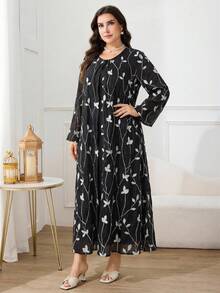 Al Najma Đầm dài tay họa tiết cây cỏ cỡ lớn dành cho nữ, kiểu dáng Ả Rập, 2 trong 1. - màu đen - Xem 4
