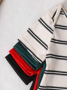 4pcs/Set Baby Boy/Girl Cute Knitted Elastic Striped Short Sleeve Rompers, Basic Bodysuits, Spring/Summer - Multicolor - View 6